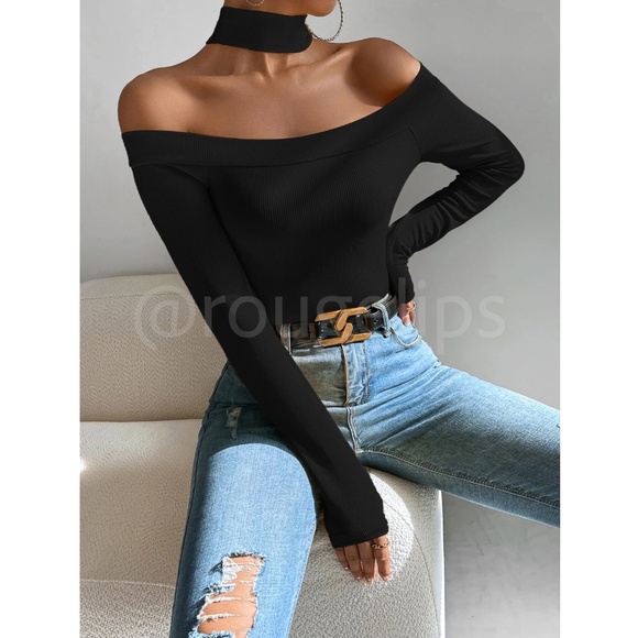 Black Off Shoulder Slim Fit Shirt Top Long Sleeve Mock Neck - Picture 3 of 7